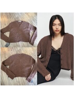 Storets New Womens Brown Ribbed Cardigan Long Sleeve Small